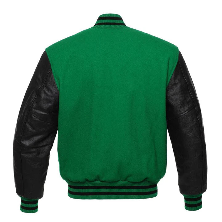 Men’s Green Wool and Leather Letterman Jacket with Ribbed Cuffs