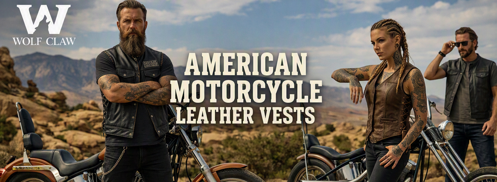 A promotional banner for Wolf Claw American Motorcycle Leather Vests, featuring three models in desert terrain with motorcycles. The models are wearing black and brown leather vests.