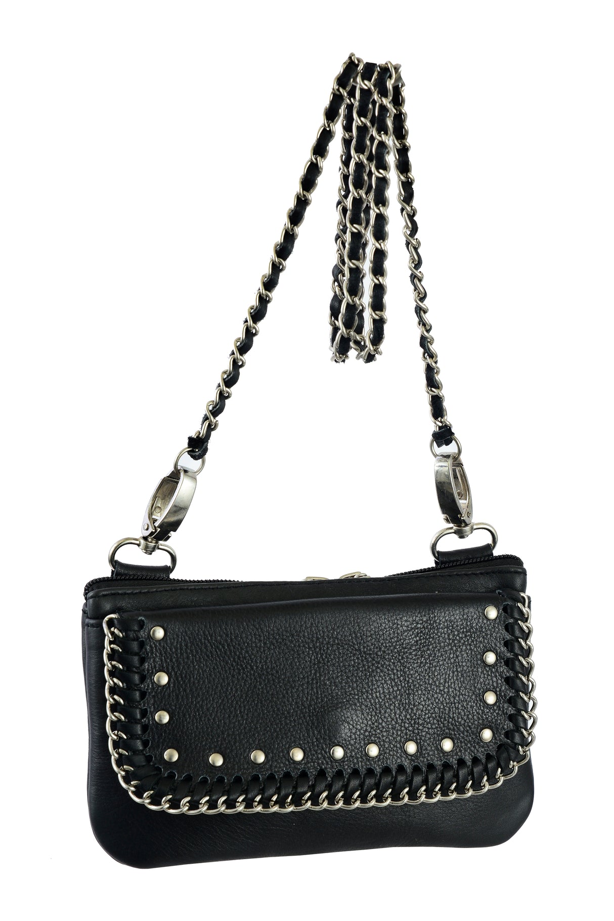 Black Studded Chain Hip Clip Leather Bag