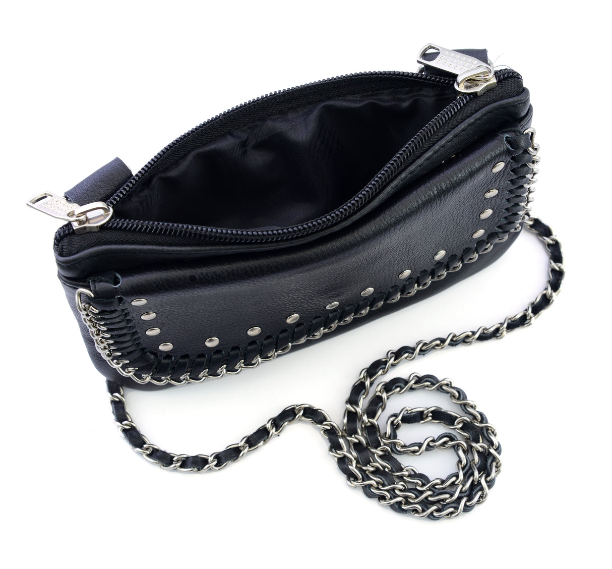 Black Studded Chain Hip Clip Leather Bag