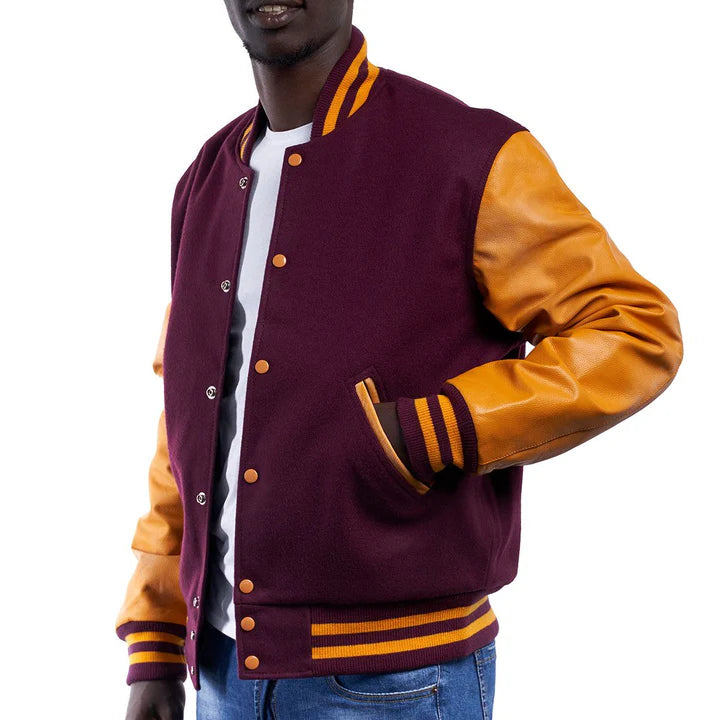 Maroon & Yellow Leather Sleeves Varsity Jacket