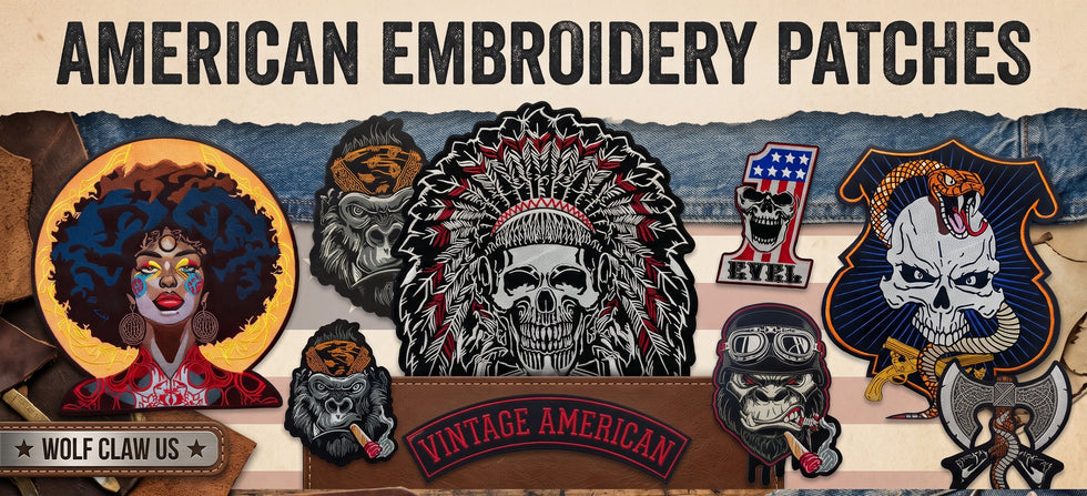 A collage-style promotional graphic for American embroidery patches, showing several embroidered patch designs including a central skull in a feathered headdress, a wolf claw patch, a skull with an American flag motif, and other vintage-inspired patch illustrations. Large text at the top reads 'AMERICAN EMBROIDERY PATCHES,' with additional text and patch samples arranged around it.