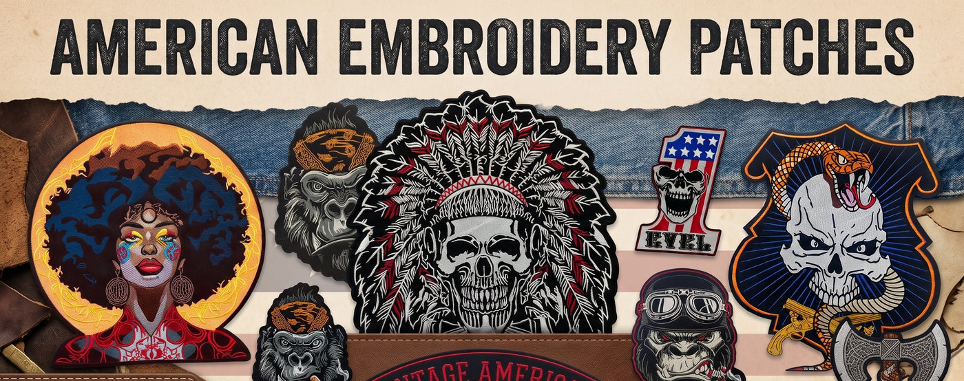 A collage-style promotional graphic for American embroidery patches, showing several embroidered patch designs including a central skull in a feathered headdress, a wolf claw patch, a skull with an American flag motif, and other vintage-inspired patch illustrations. Large text at the top reads 'AMERICAN EMBROIDERY PATCHES,' with additional text and patch samples arranged around it.