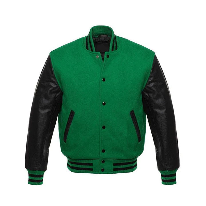 Men’s Green Wool and Leather Letterman Jacket with Ribbed Cuffs