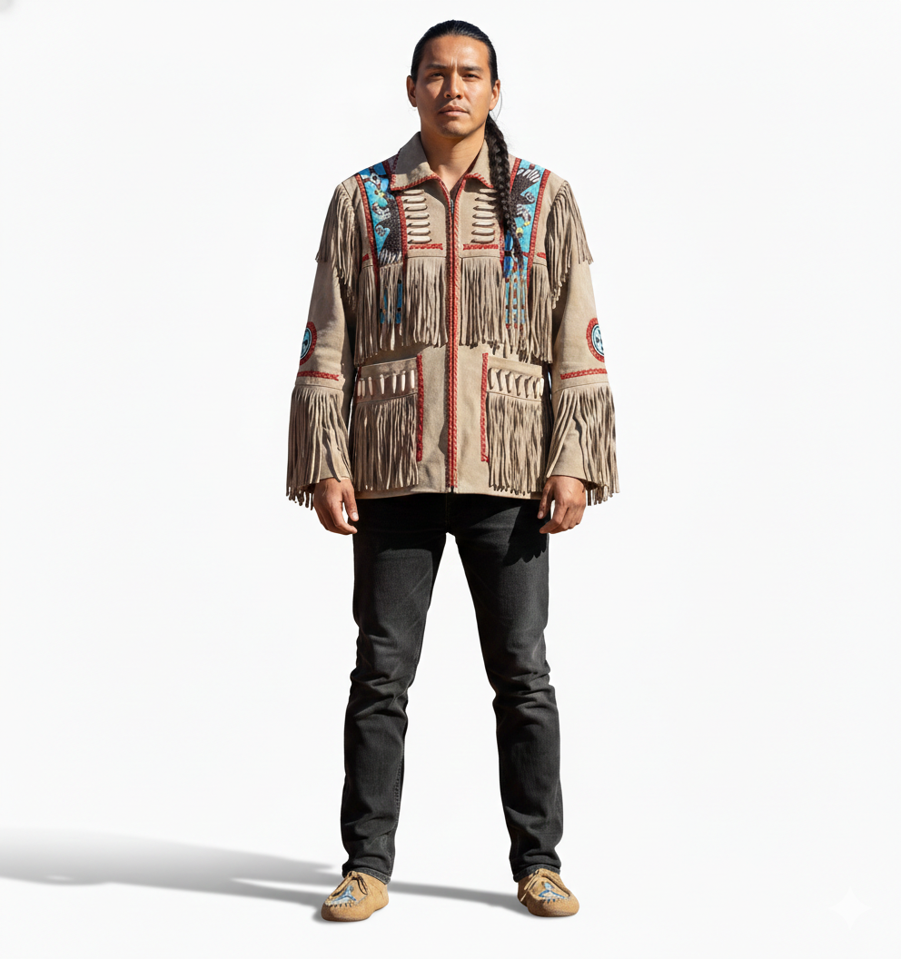 Premium Men’s Western Cowboy Suede Leather Jacket – Native American Fringed & Beaded Style