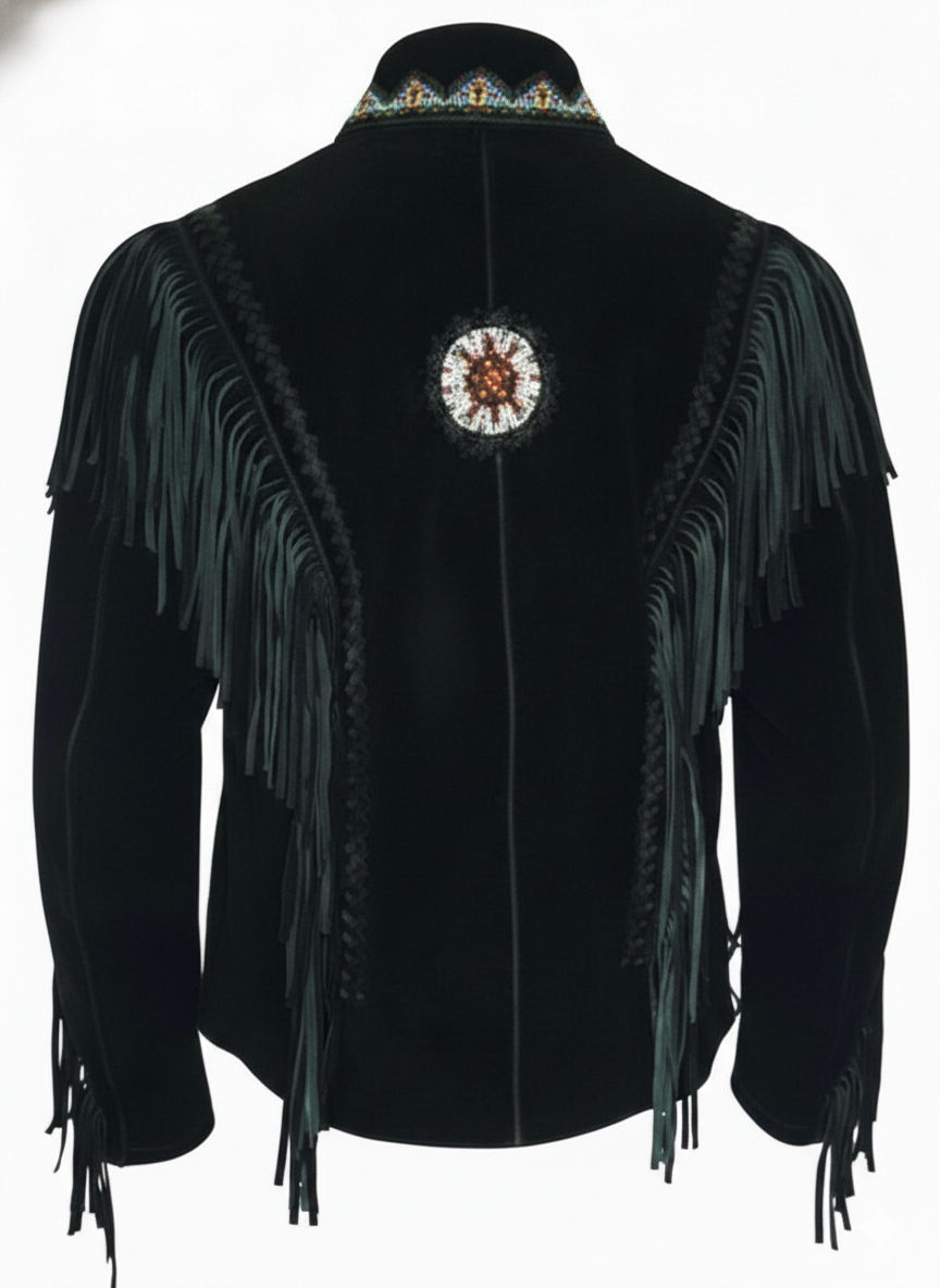 Men’s Cowboy-Inspired Suede Leather Fringe Jacket with Traditional Native Beads