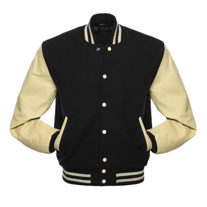 Black Wool Varsity Jacket with Off-White Leather Sleeves