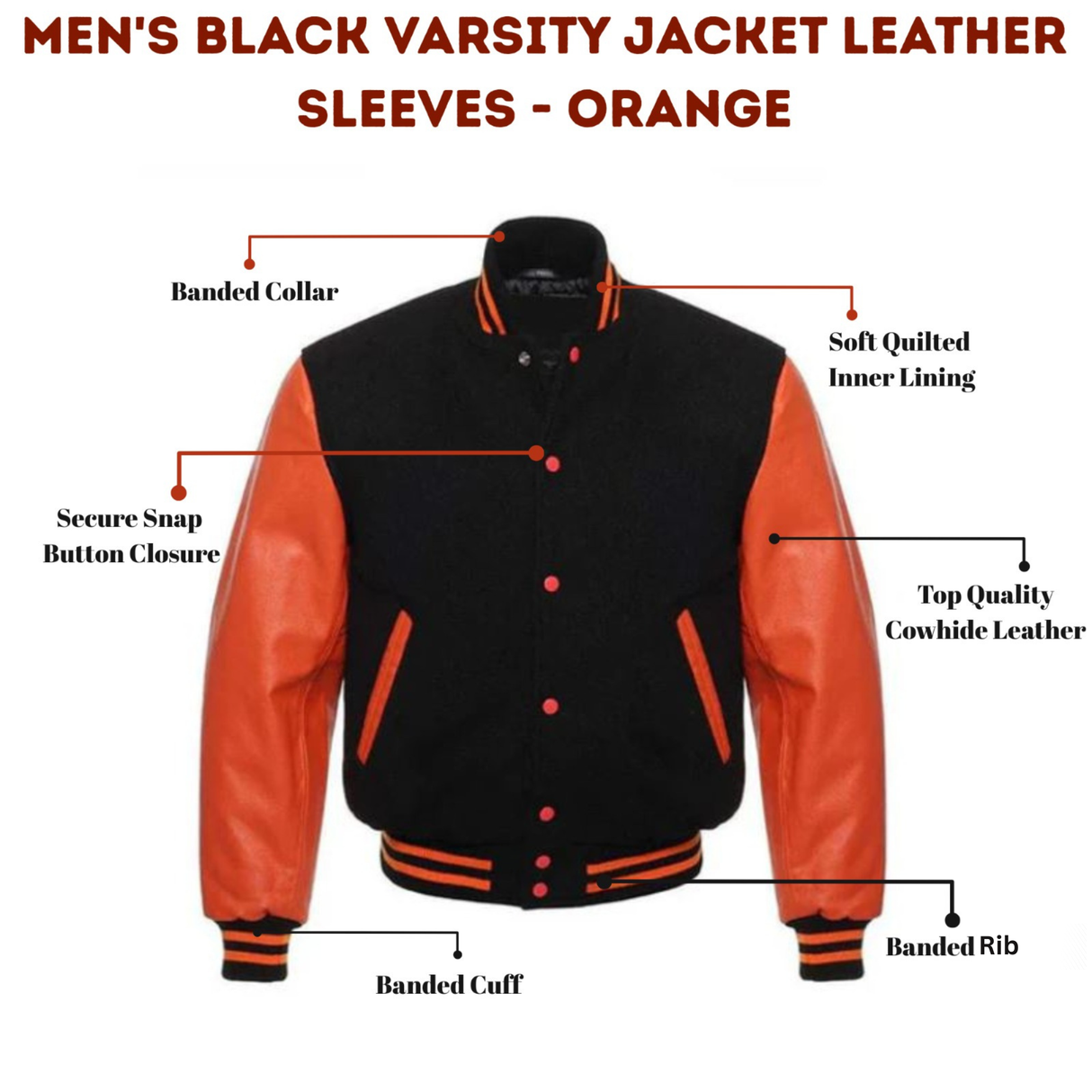 Men's Black Varsity Jacket Leather Sleeves - Orange