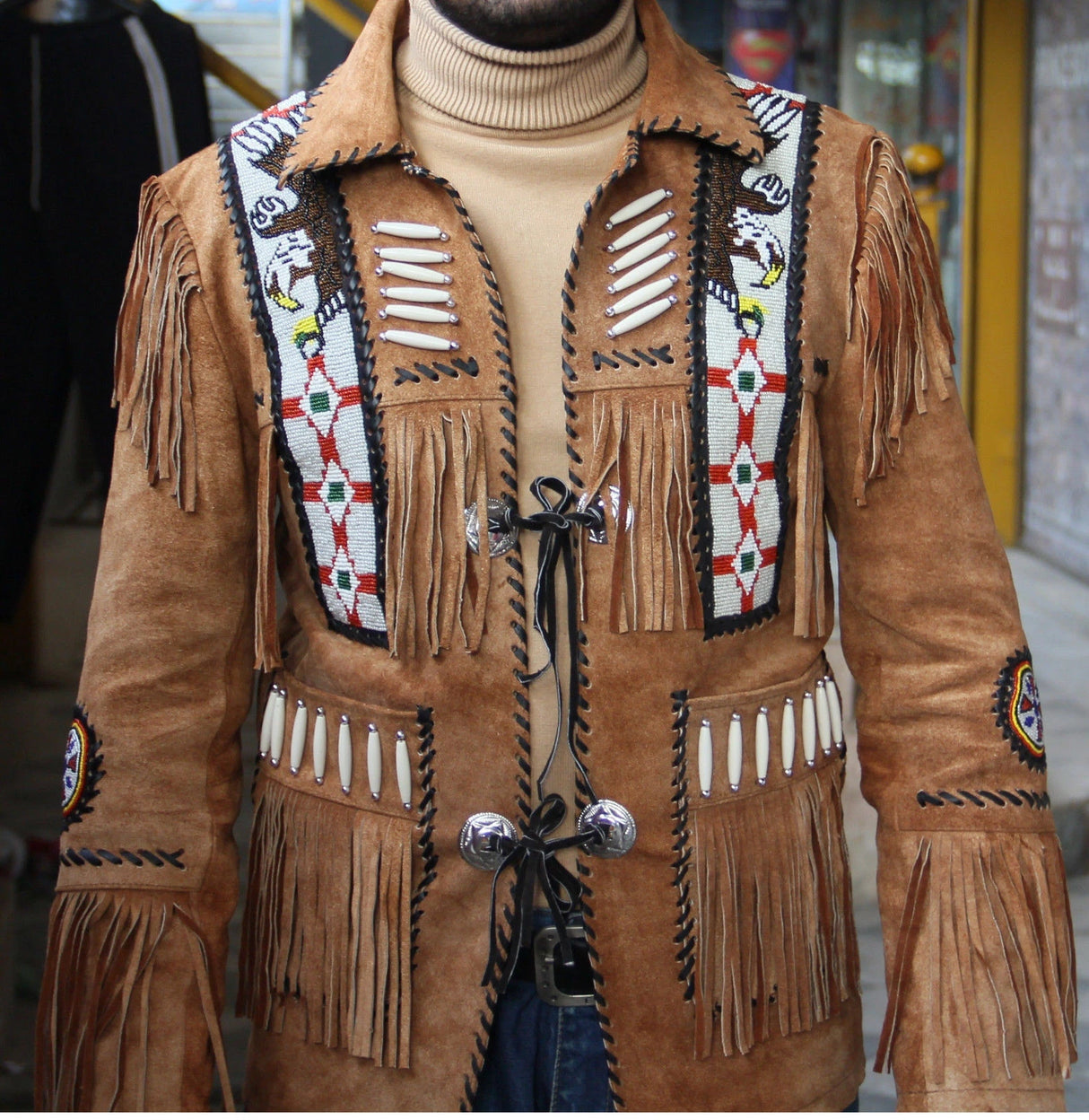 Men’s Western Cowboy Suede Fringe Jacket – Beaded Native American Style Leather Jacket