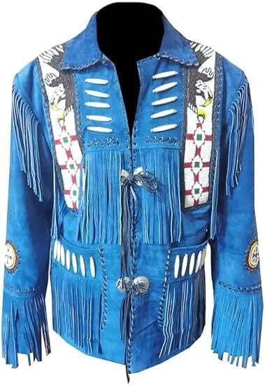 Men’s Western Cowboy Suede Leather Fringe Jacket with Beaded Native American Design