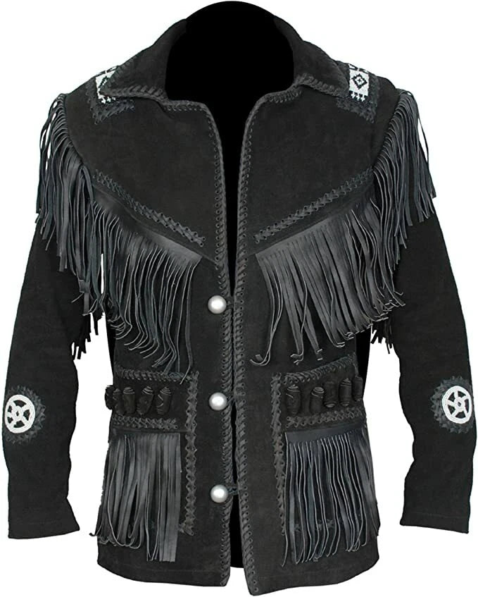 Men’s Authentic Western Suede Leather Fringe Jacket with Native American Beadwork
