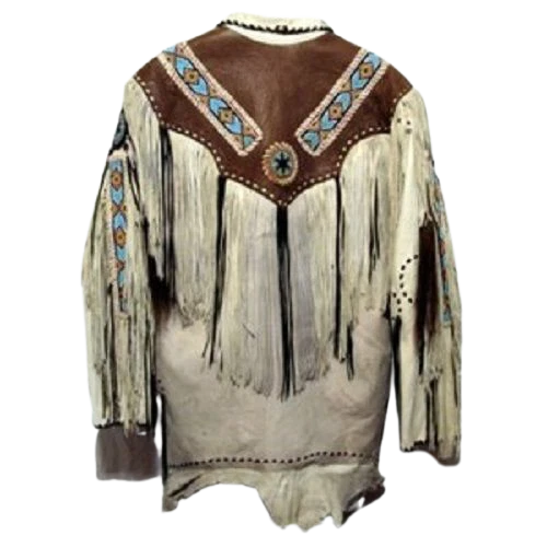 Men’s Western Cowboy Real Leather Fringe Jacket with Beaded Native American Design