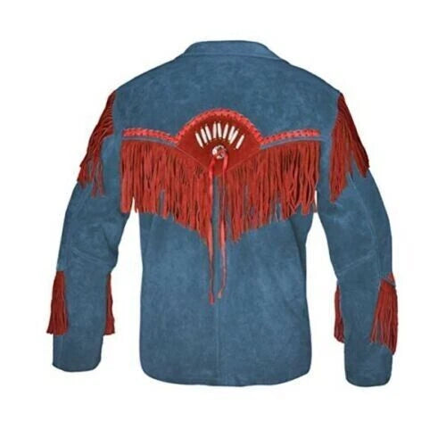 Men’s Handmade Western Suede Leather Jacket with Fringe & Native-Inspired Bead Detailing