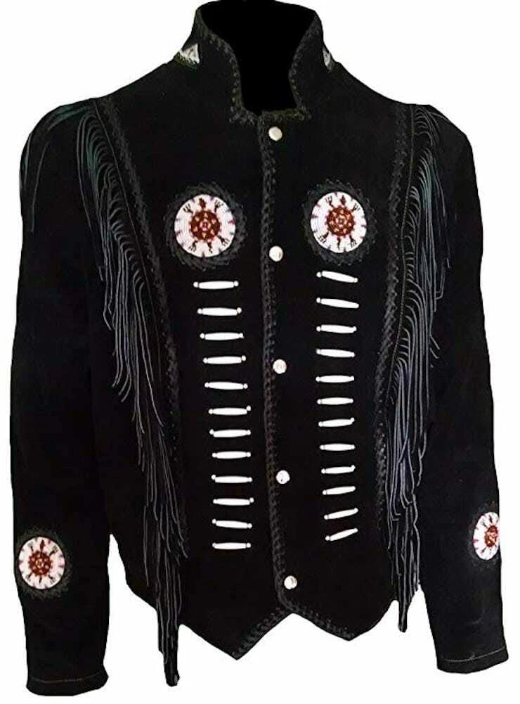 Men’s Cowboy-Inspired Suede Leather Fringe Jacket with Traditional Native Beads