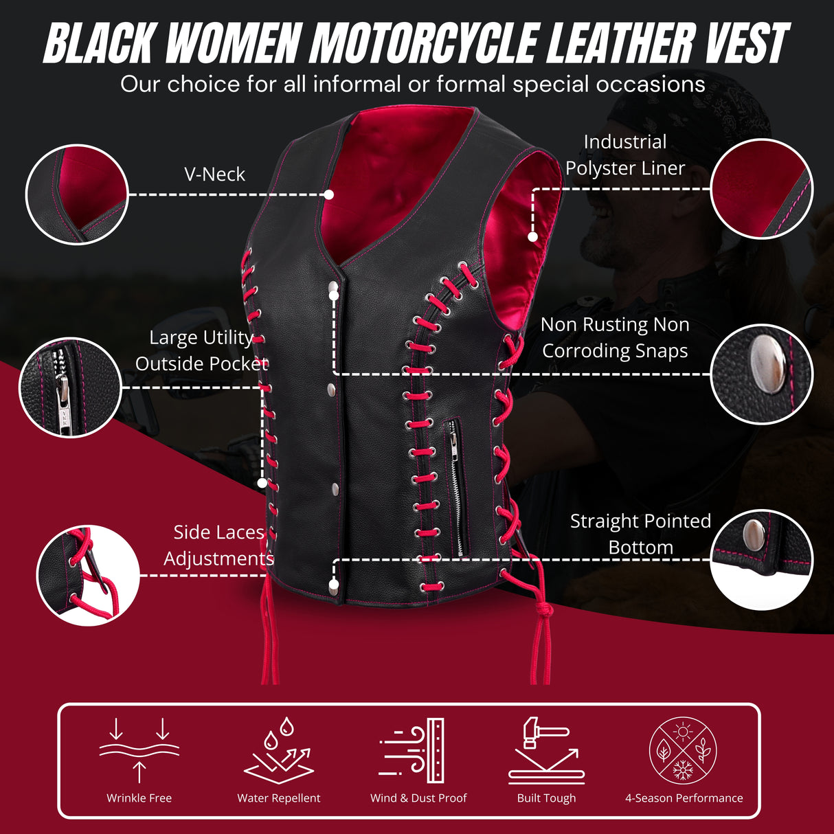 WCWV95841TPINKEYELET WOMEN SIDE LACE VEST M/O BUFFALO LEATHER PINK/BLK