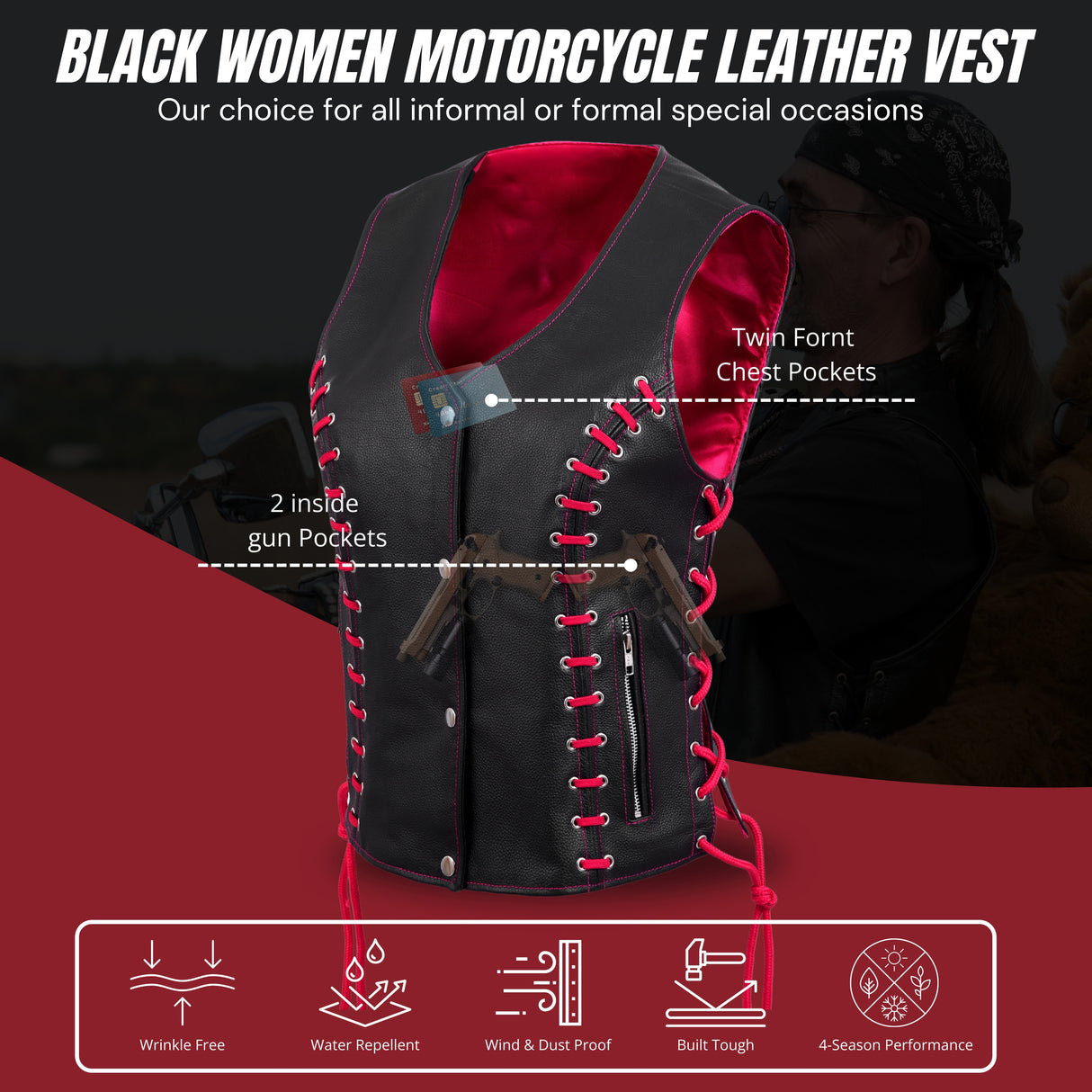 WCWV95841TPINKEYELET WOMEN SIDE LACE VEST M/O BUFFALO LEATHER PINK/BLK