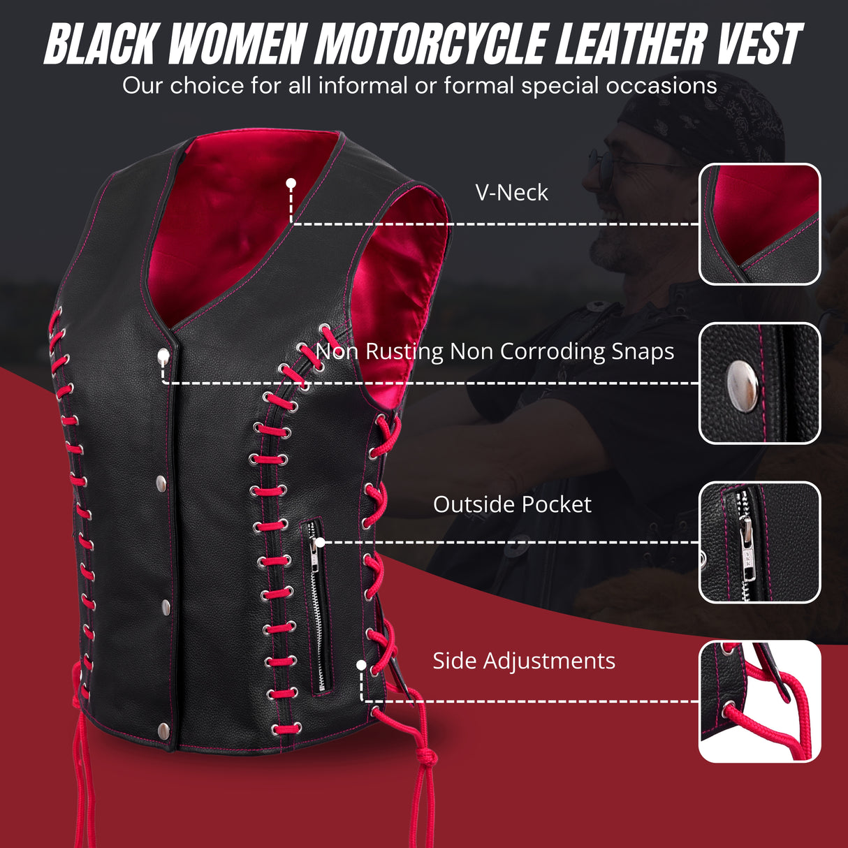 WCWV95841TPINKEYELET WOMEN SIDE LACE VEST M/O BUFFALO LEATHER PINK/BLK