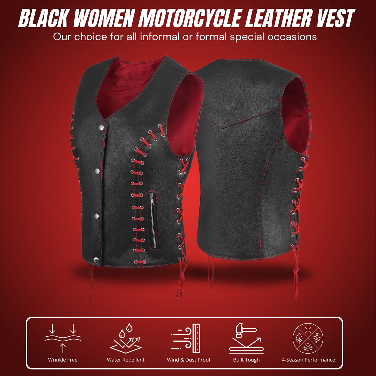 WCWV95841REDEYELET WOMEN SIDE LACE VEST M/O BUFFALO LEATHER Red/BLK