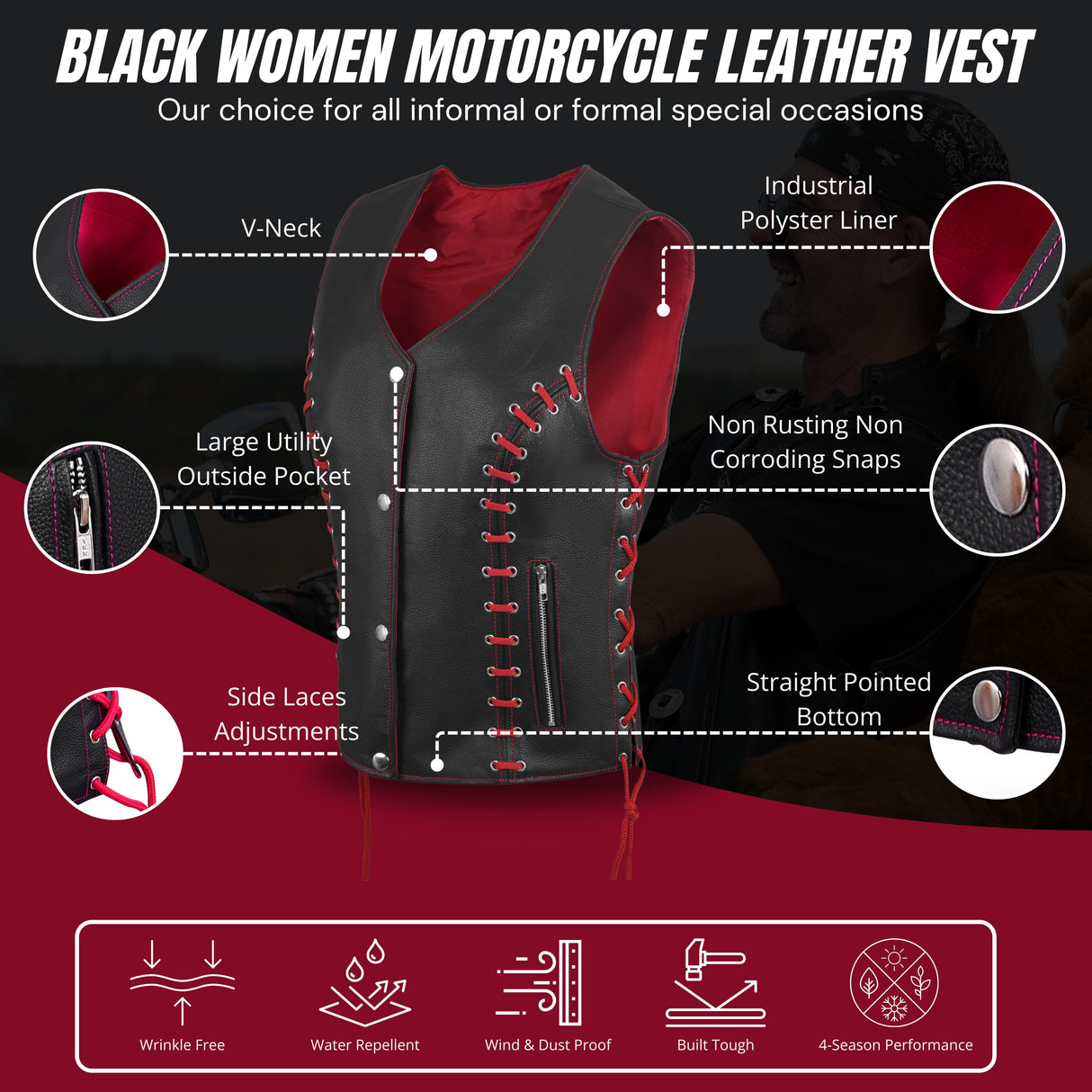 WCWV95841REDEYELET WOMEN SIDE LACE VEST M/O BUFFALO LEATHER Red/BLK