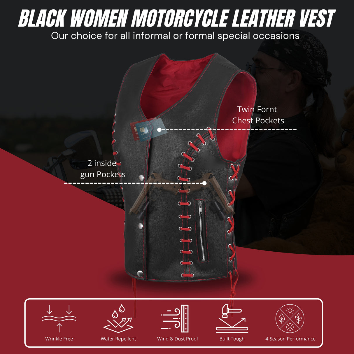 WCWV95841REDEYELET WOMEN SIDE LACE VEST M/O BUFFALO LEATHER Red/BLK