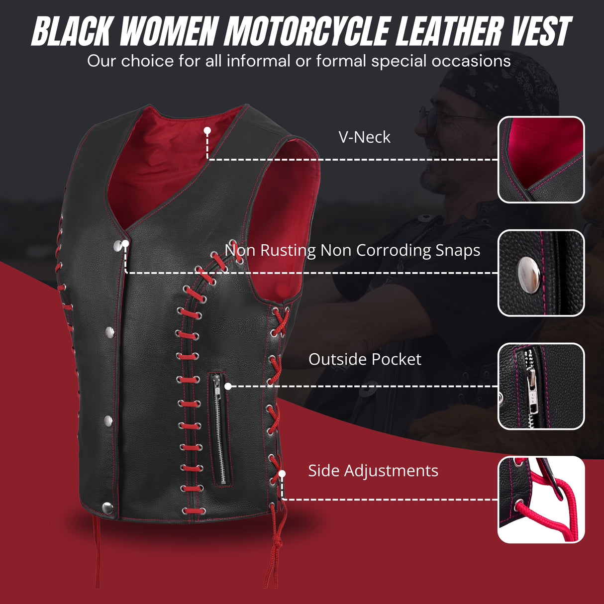 WCWV95841REDEYELET WOMEN SIDE LACE VEST M/O BUFFALO LEATHER Red/BLK