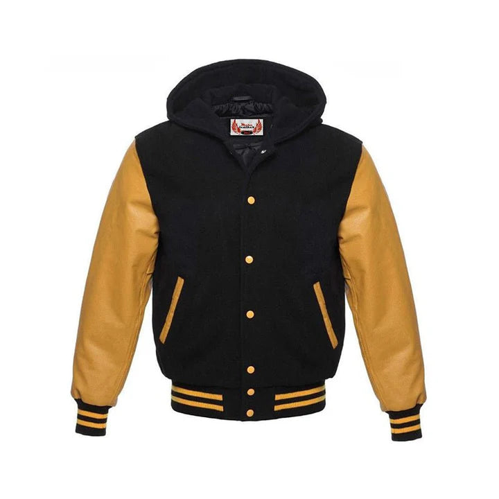 Men's Hooded Letterman Black Varsity Jacket Genuine Leather Sleeves - Golden