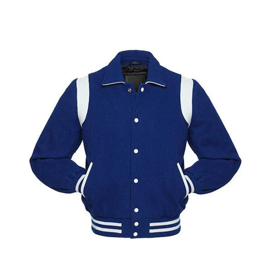 Blue Wool Varsity Jacket With white Shoulder Inserts - Varsity Jackets - Front View