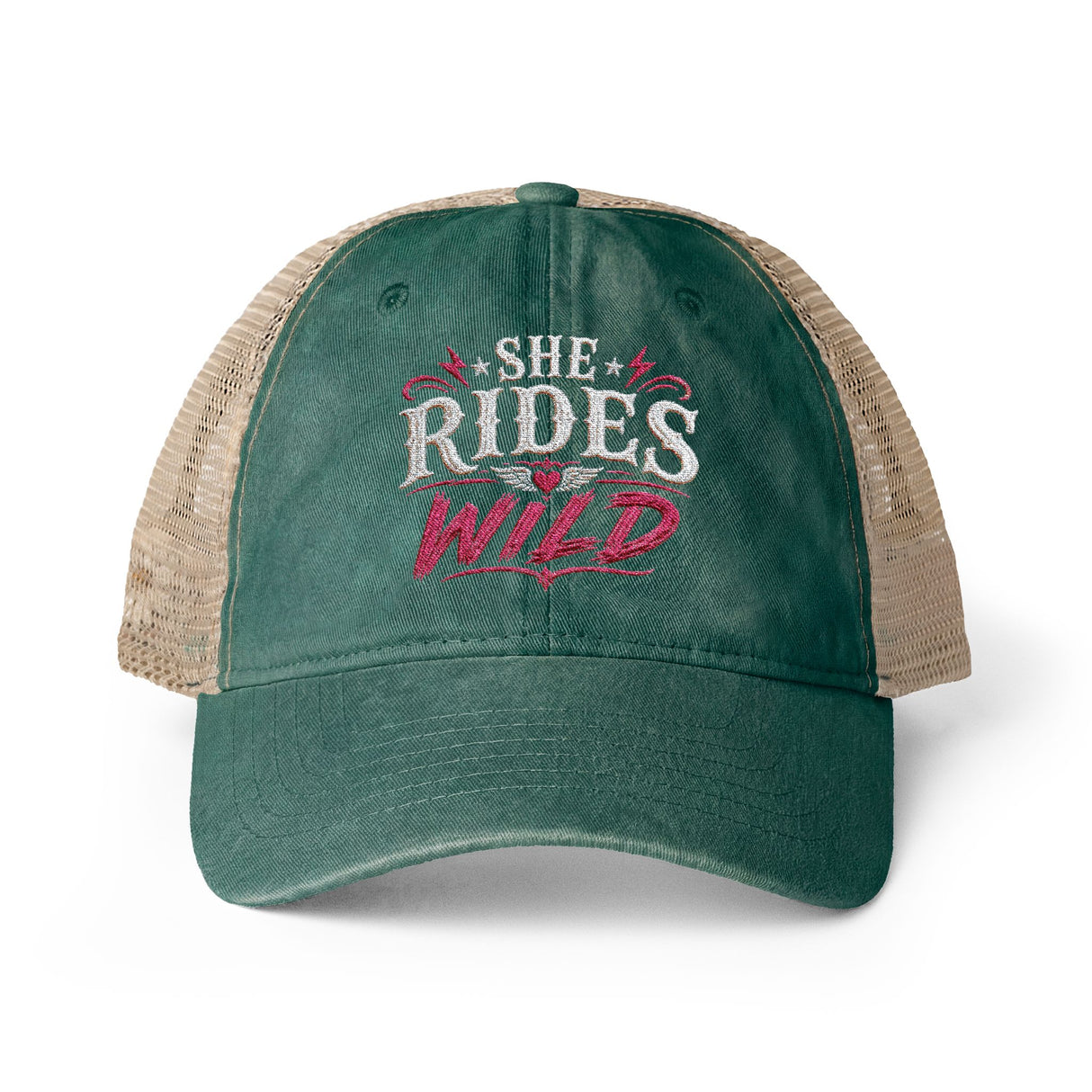 Women's Washed Mesh-Back Cap She Rides Wild Embroidered