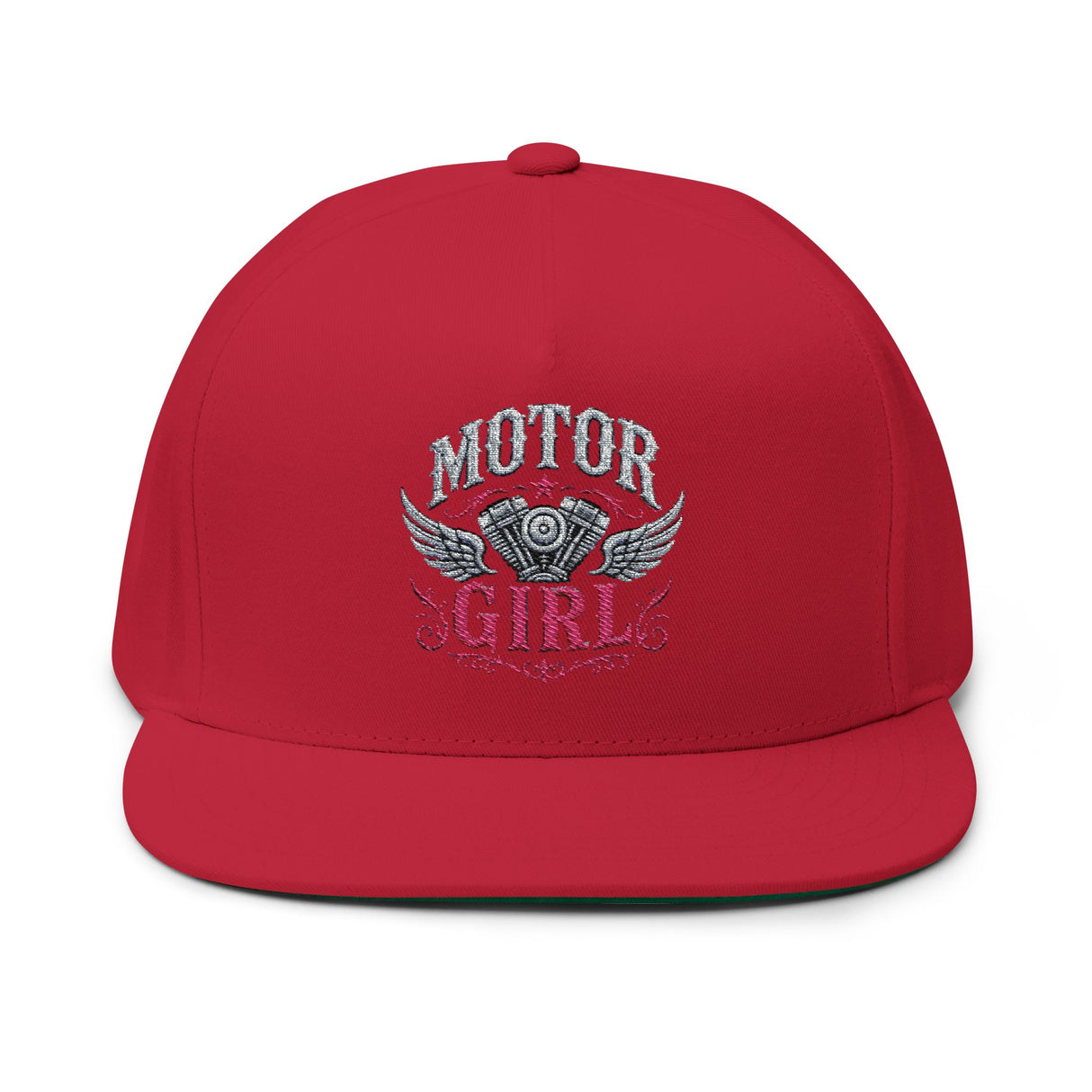 Motor Girl Embroidered Flat Bill Cap — Women's Biker Snapback Hat