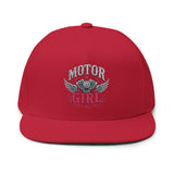 Motor Girl Embroidered Flat Bill Cap — Women's Biker Snapback Hat