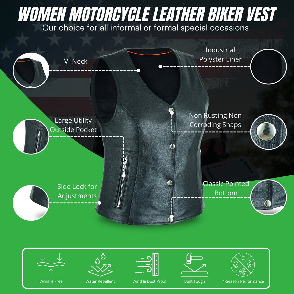 Women's Motorcycle Ladies Basic Gun Pocket Leather Vest