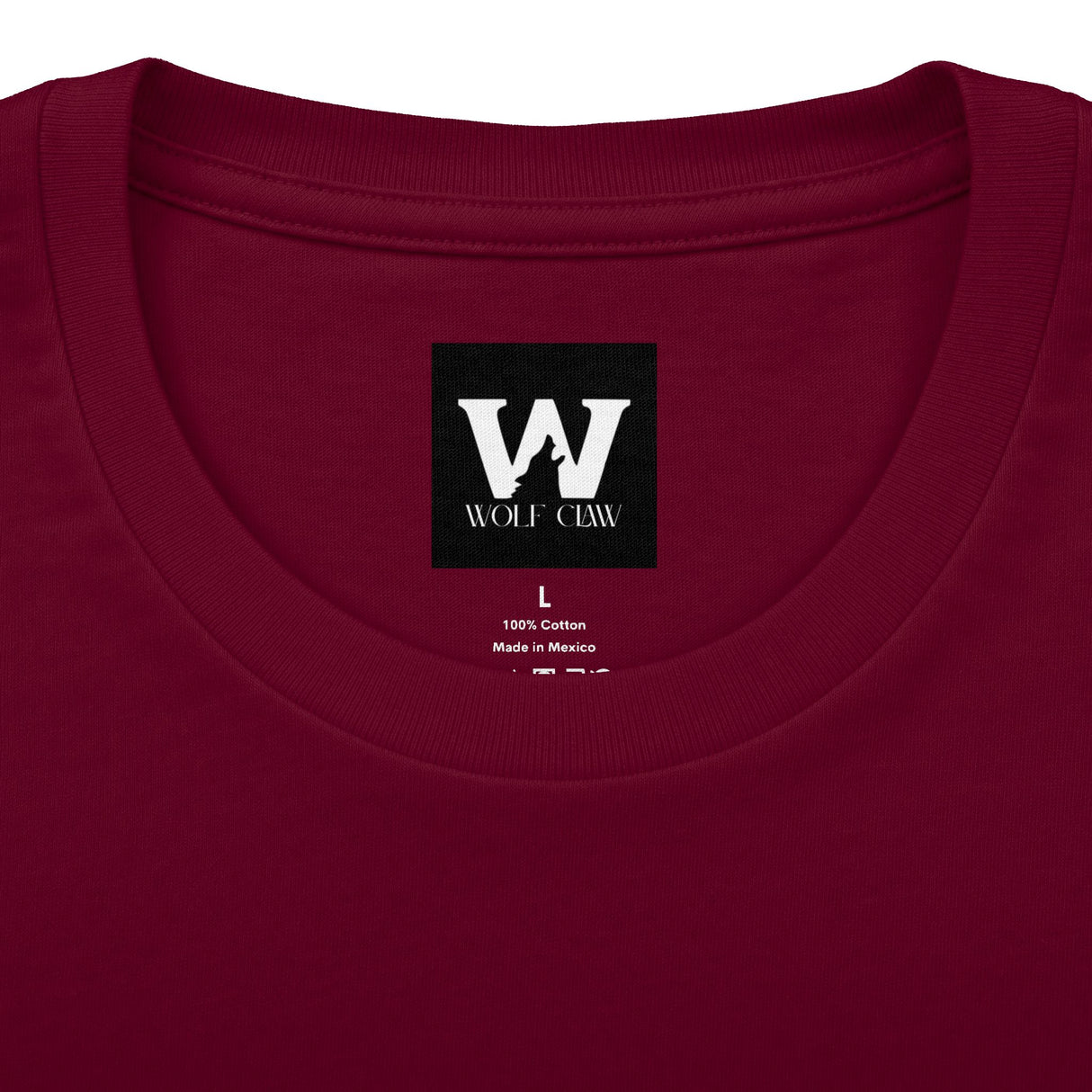 Burgundy crew neck T-shirt with WOLF CLAW logo at center front