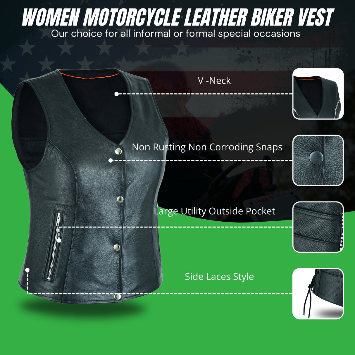 Women's Motorcycle Ladies Basic Gun Pocket Leather Vest