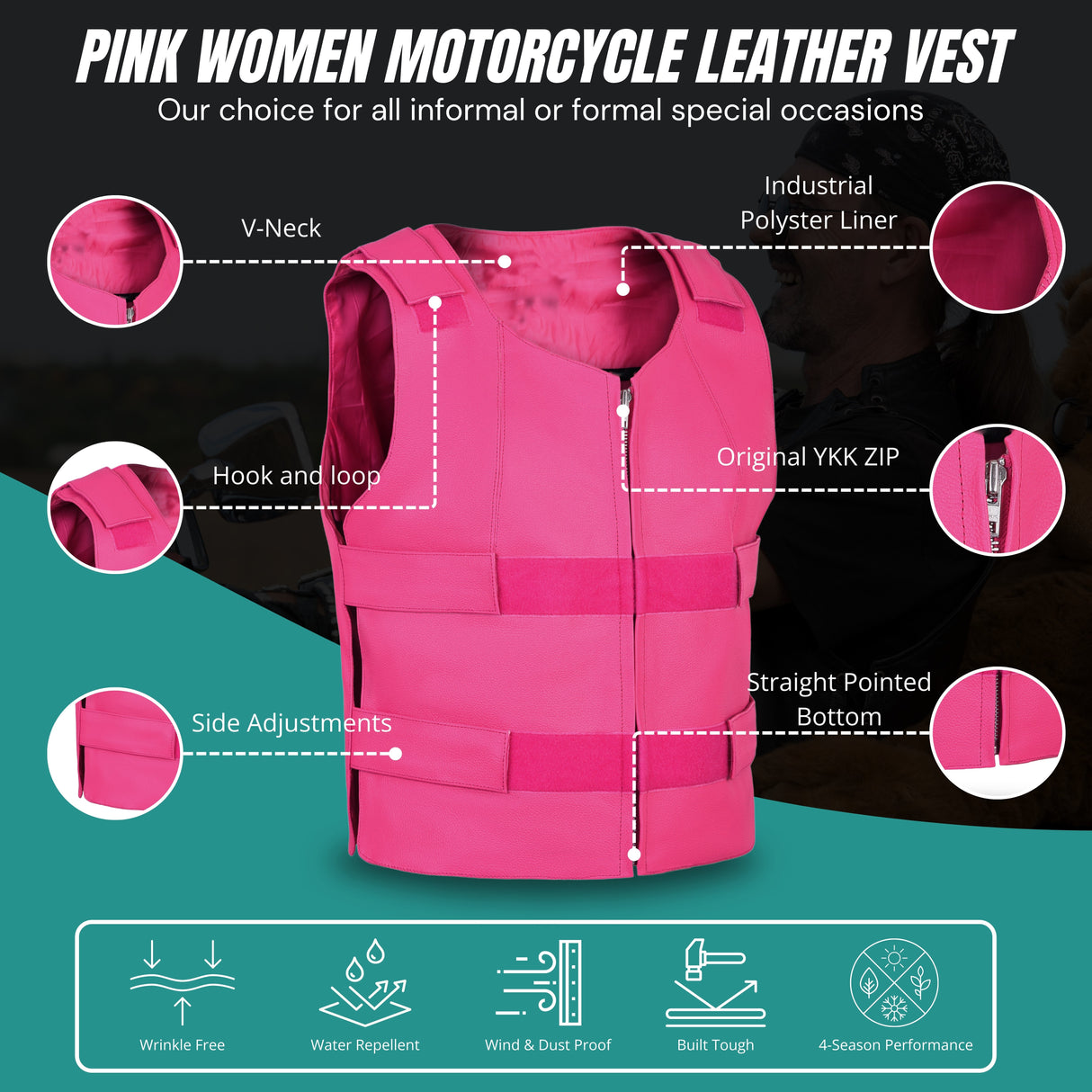 WCWV54941HOT PINK Women hot pink bullet proof style leather Vest women biker club
