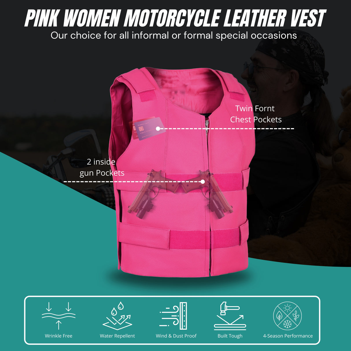 WCWV54941HOT PINK Women hot pink bullet proof style leather Vest women biker club