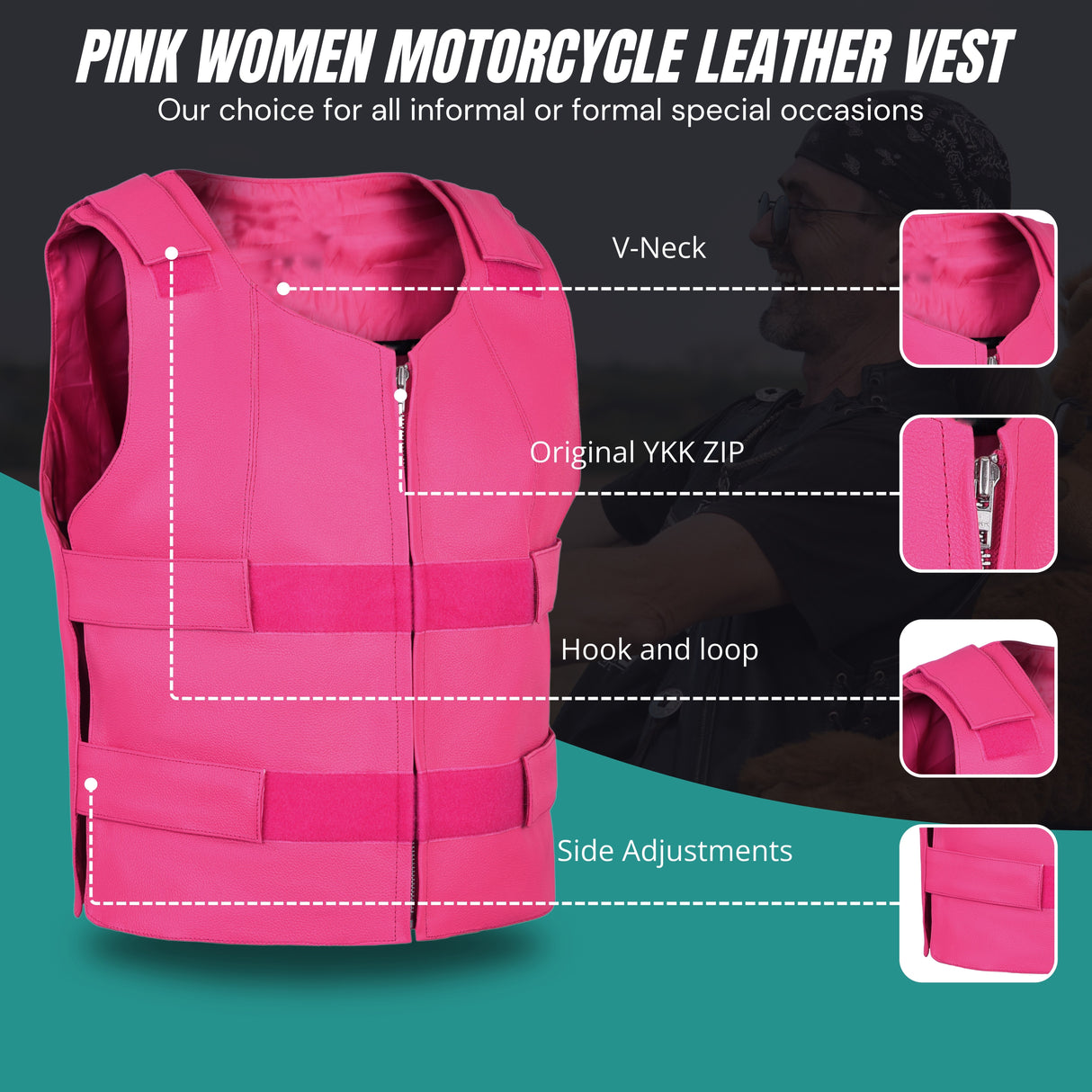 WCWV54941HOT PINK Women hot pink bullet proof style leather Vest women biker club