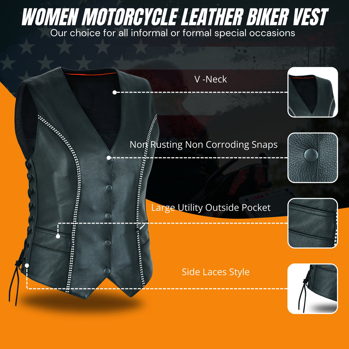 WCWV95641BLING Women's Bling leather motorcycle vest - Rhinestone detail Gun Pocket, Side Lace, Single Panel back, Snap front Biker