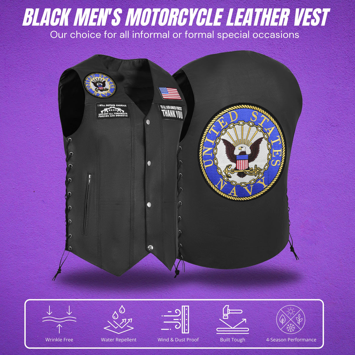 Navy Black Men's Genuine 7 Pocket Motorcycle Biker Leather Vest