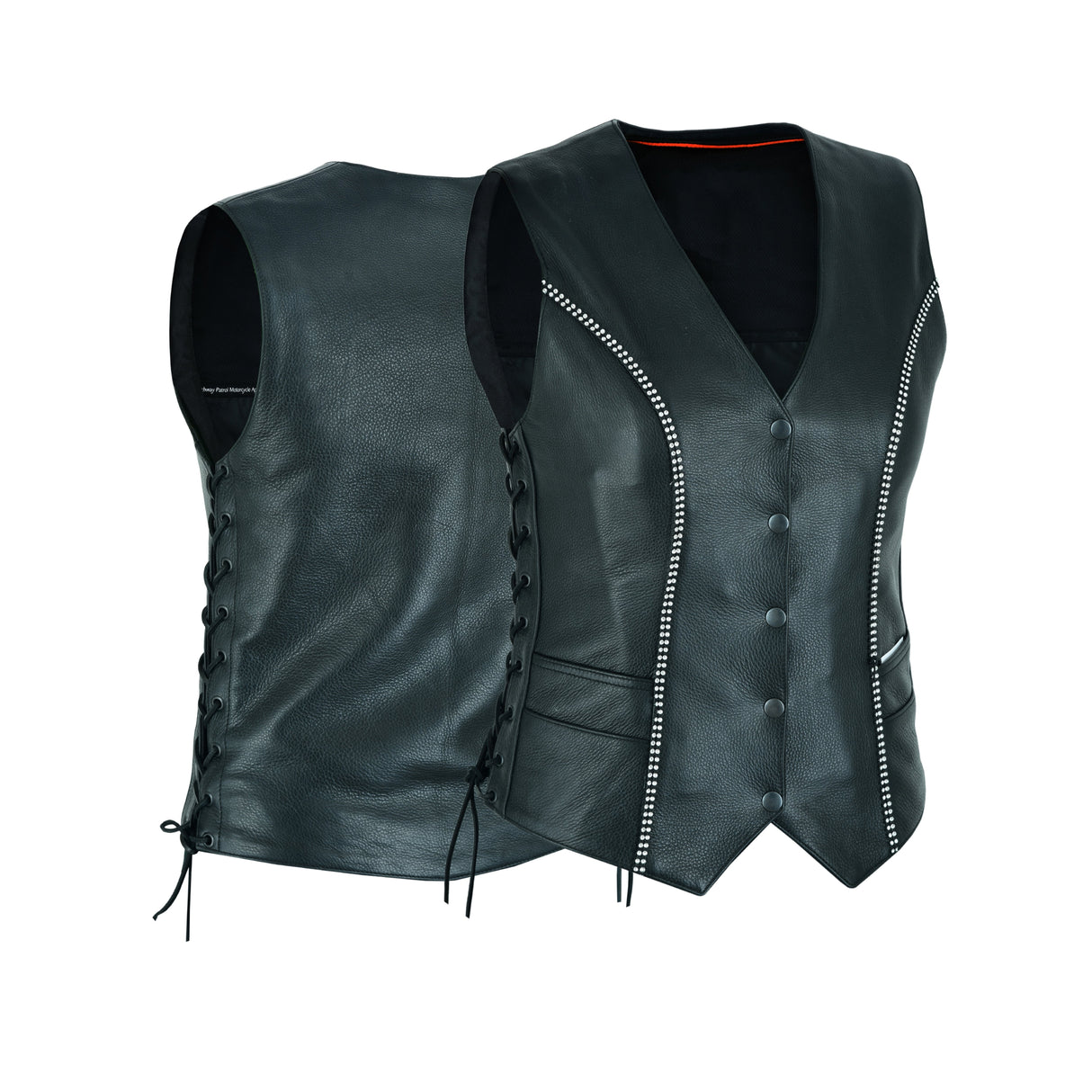 WCWV95641BLING Women's Bling leather motorcycle vest - Rhinestone detail Gun Pocket, Side Lace, Single Panel back, Snap front Biker