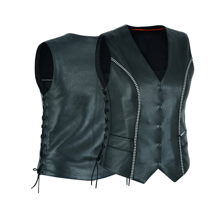WCWV95641BLING Women's Bling leather motorcycle vest - Rhinestone detail Gun Pocket, Side Lace, Single Panel back, Snap front Biker