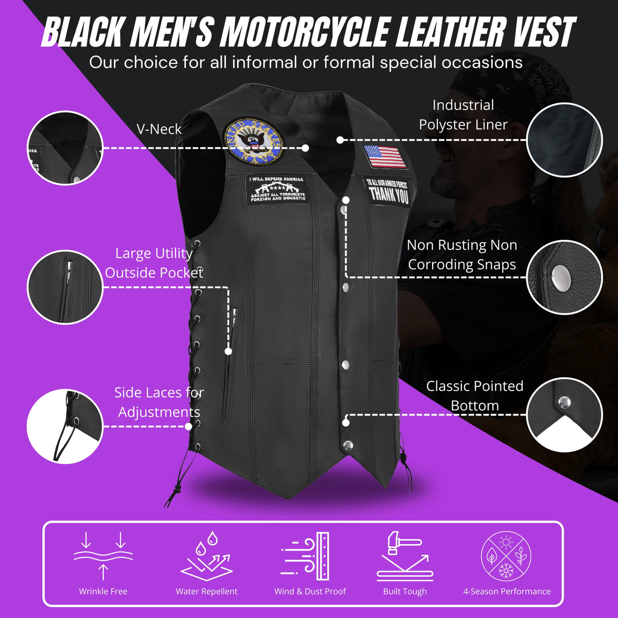 Navy Black Men's Genuine 7 Pocket Motorcycle Biker Leather Vest