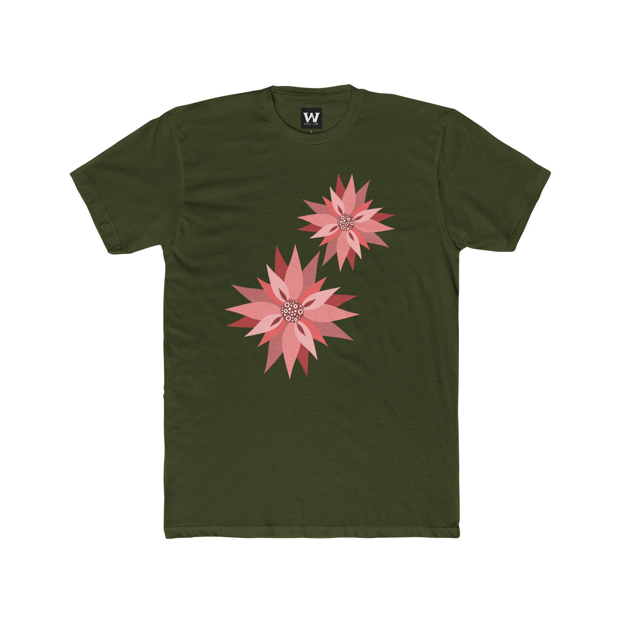 Dark green crew tee with pink and coral flower graphic on front