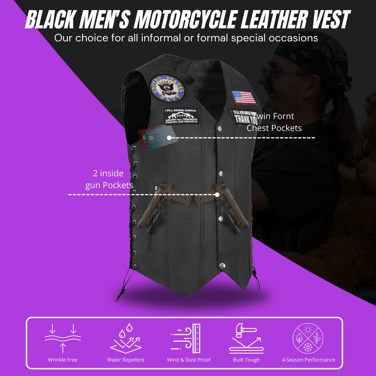 Navy Black Men's Genuine 7 Pocket Motorcycle Biker Leather Vest