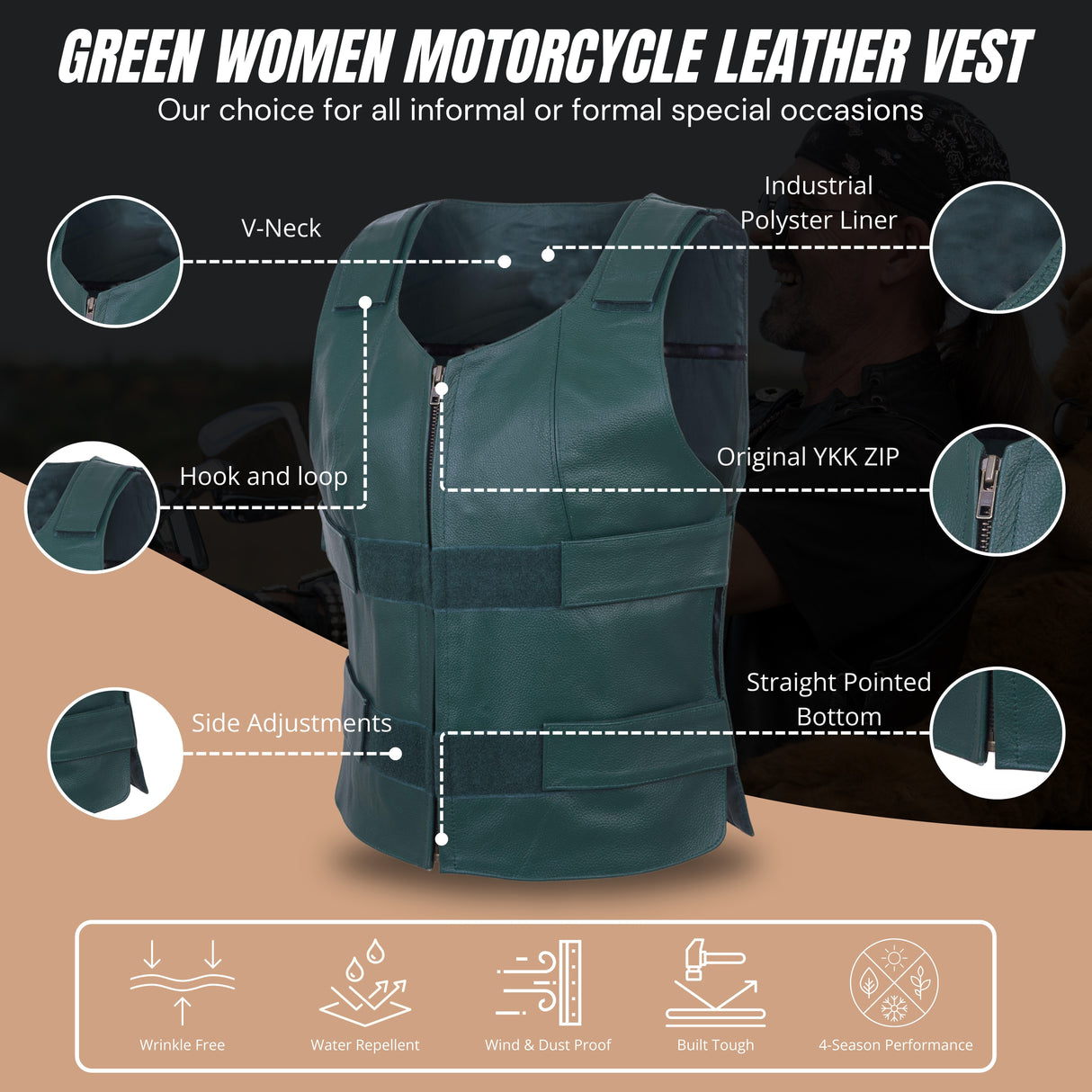 WCWV54941Hunter Green Emerald Green Women Bullet Proof style Leather Motorcycle Vest for SOA bikers Club