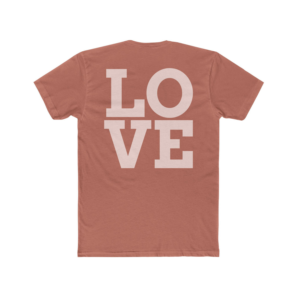 Rust crew tee with large “LOVE” block graphic on the front