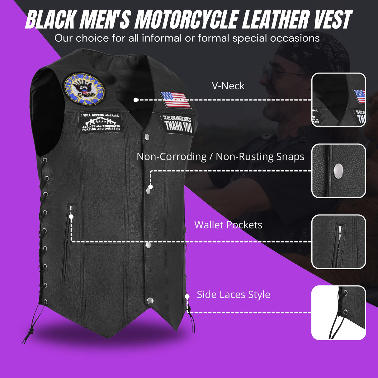 Navy Black Men's Genuine 7 Pocket Motorcycle Biker Leather Vest