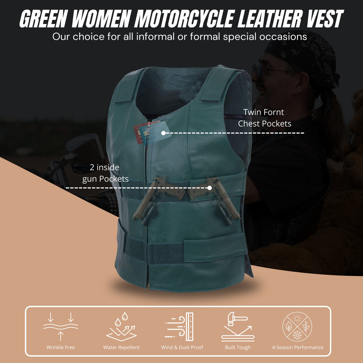 WCWV54941Hunter Green Emerald Green Women Bullet Proof style Leather Motorcycle Vest for SOA bikers Club