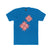 Blue crew tee with pink and coral starburst flower graphic on front