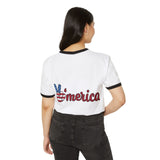 Back view of white ringer tee with black trim and 'America' print