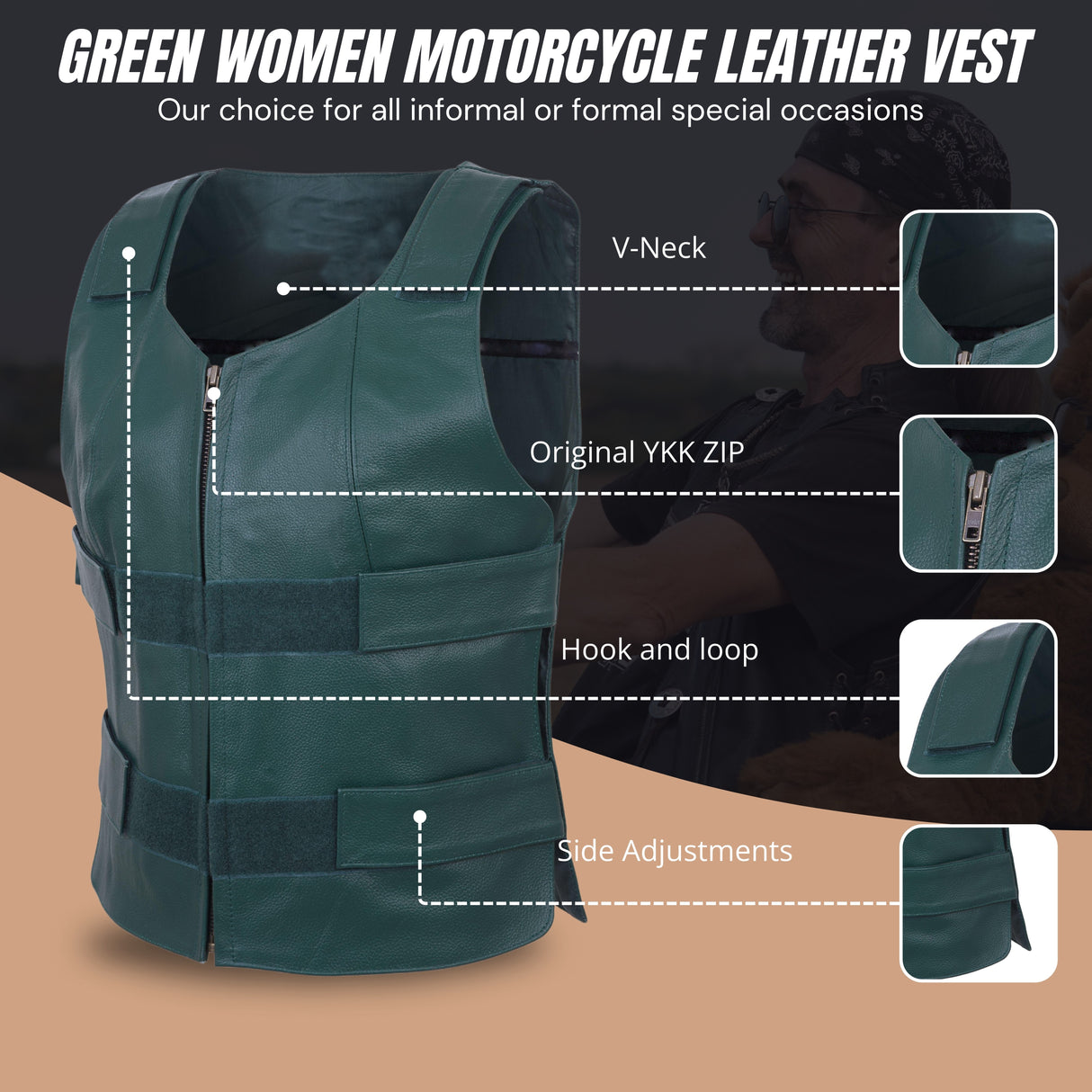 WCWV54941Hunter Green Emerald Green Women Bullet Proof style Leather Motorcycle Vest for SOA bikers Club